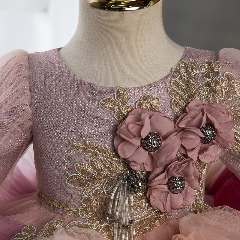 Pink Princess Flower Girl Dress - Tiered Tea-Length Party Dress for Kids