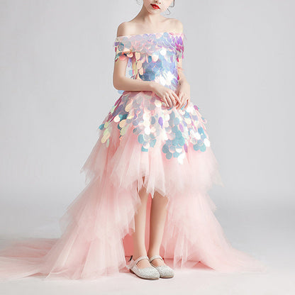 Girls Pink Sequin High-Low Princess Dress with Train - A-line Off Shoulder