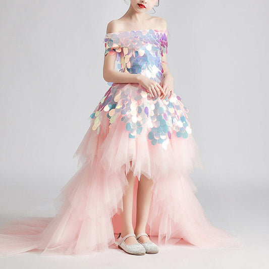 Girls Pink Sequin High-Low Princess Dress with Train - A-line Off Shoulder