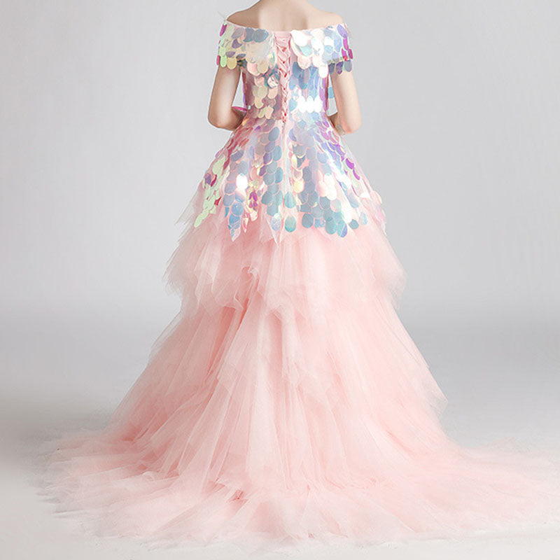 Girls Pink Sequin High-Low Princess Dress with Train - A-line Off Shoulder