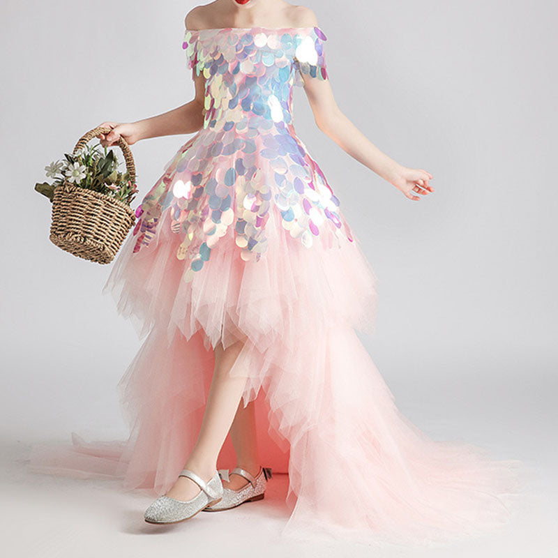 Girls Pink Sequin High-Low Princess Dress with Train - A-line Off Shoulder