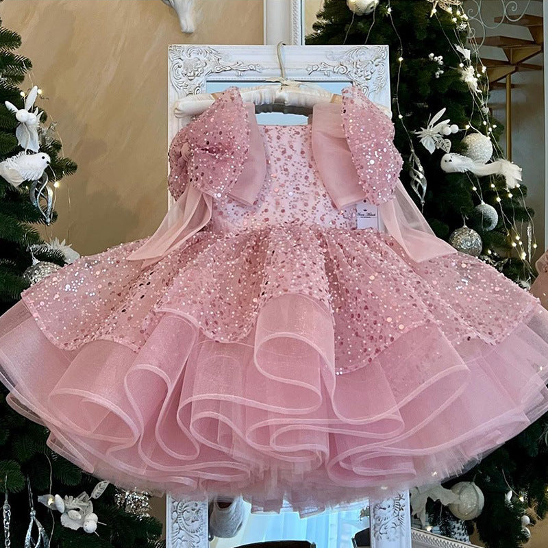 Pink Sequin Off-Shoulder Bow Princess Dress for Girls - Party & Formalwear