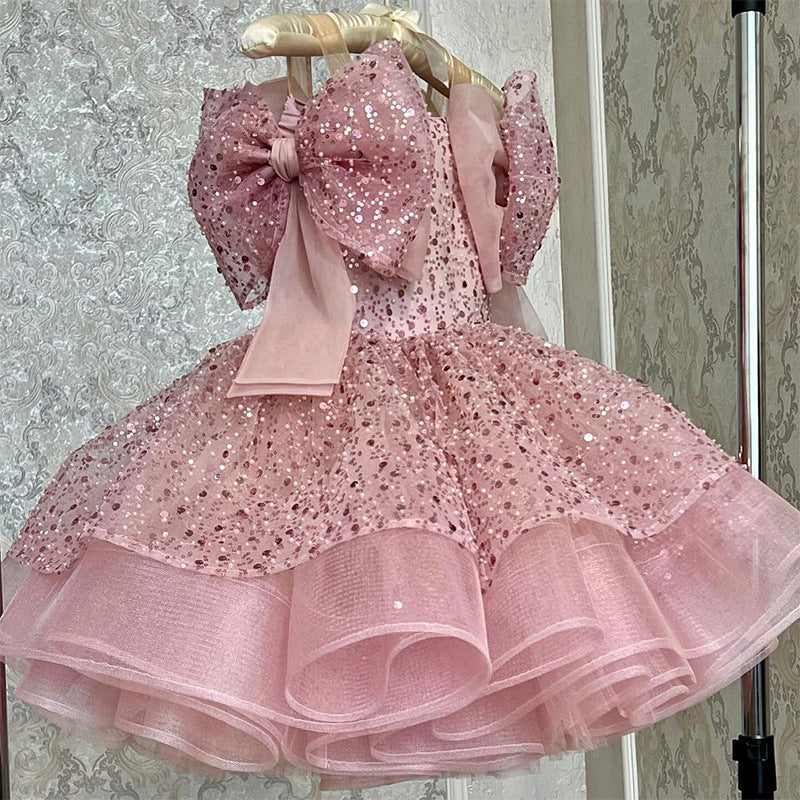 Pink Sequin Off-Shoulder Bow Princess Dress for Girls - Party & Formalwear