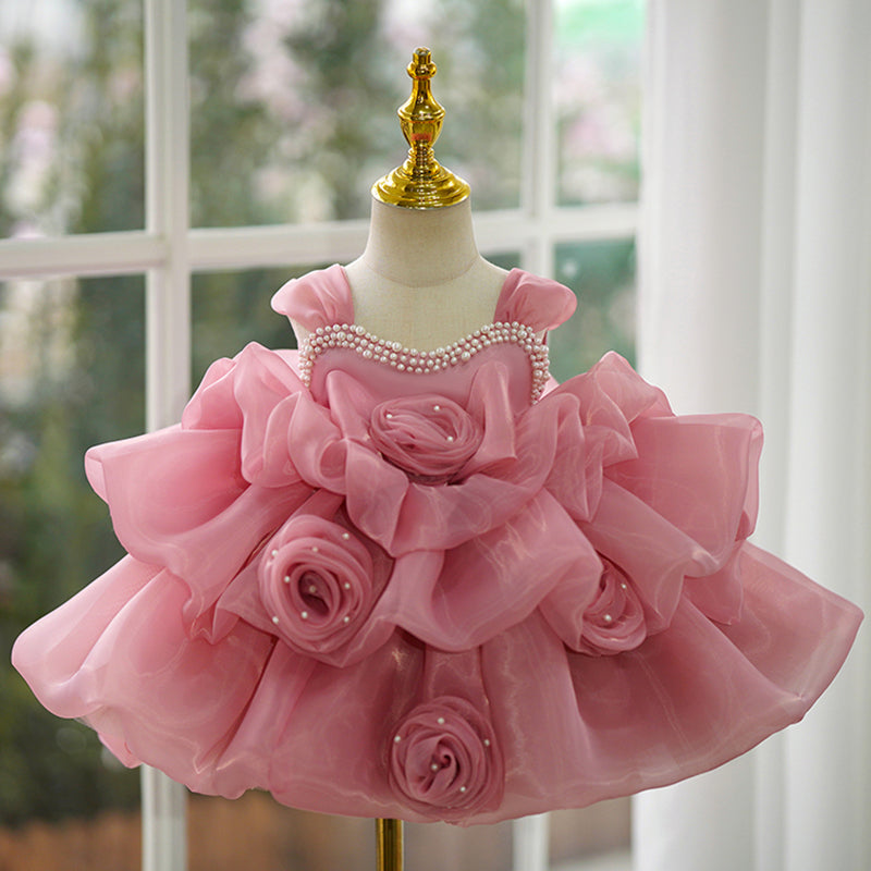 Pink Organza Flower Girl Dress with Sequins, Beads & Flowers – Baby to Girls
