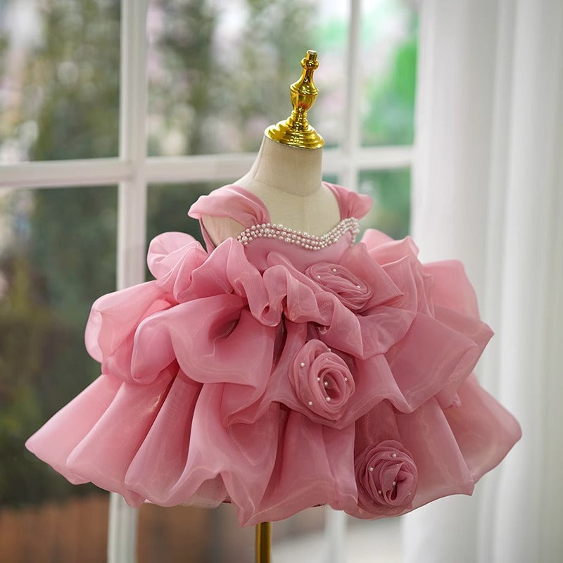 Pink Organza Flower Girl Dress with Sequins, Beads & Flowers – Baby to Girls