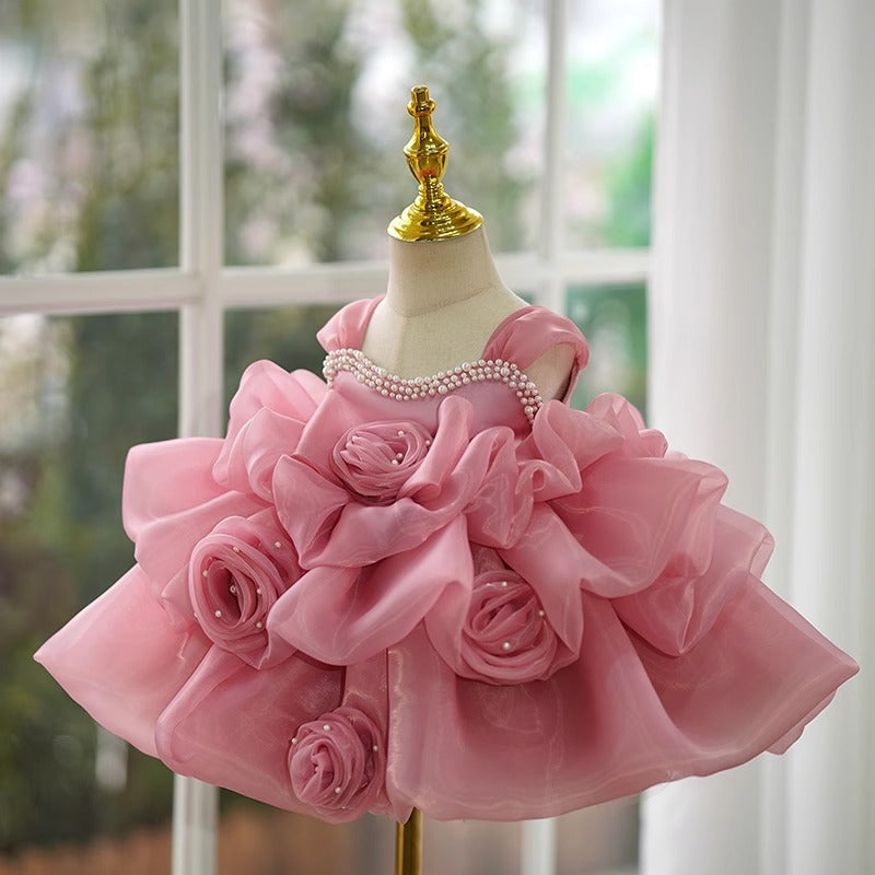 Pink Organza Flower Girl Dress with Sequins, Beads & Flowers – Baby to Girls