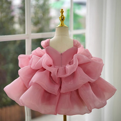Pink Organza Flower Girl Dress with Sequins, Beads & Flowers – Baby to Girls