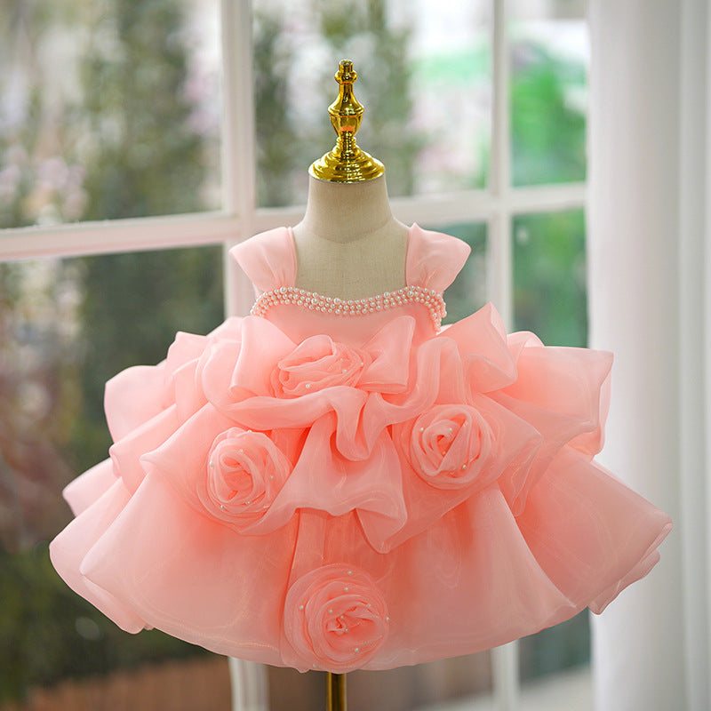 Pink Organza Flower Girl Dress with Sequins, Beads & Flowers – Baby to Girls