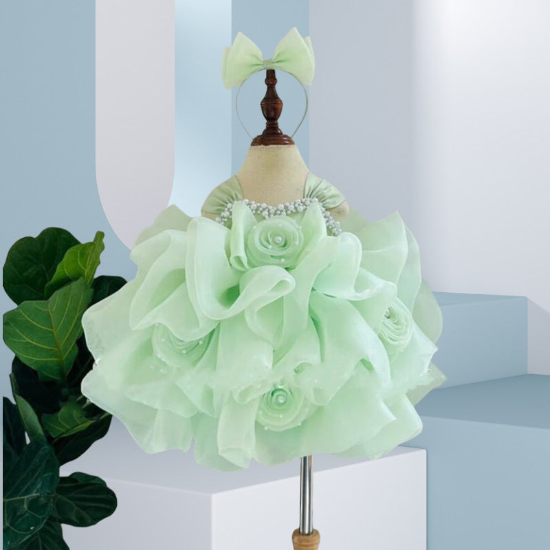 Pink Organza Flower Girl Dress with Sequins, Beads & Flowers – Baby to Girls