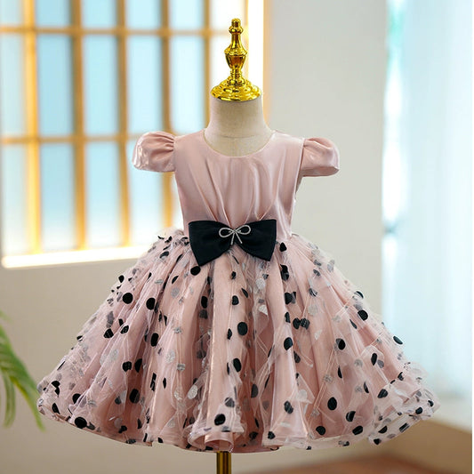 Puffy Pink Organza Ball Gown Flower Girl Dress with Bow for Special Occasions