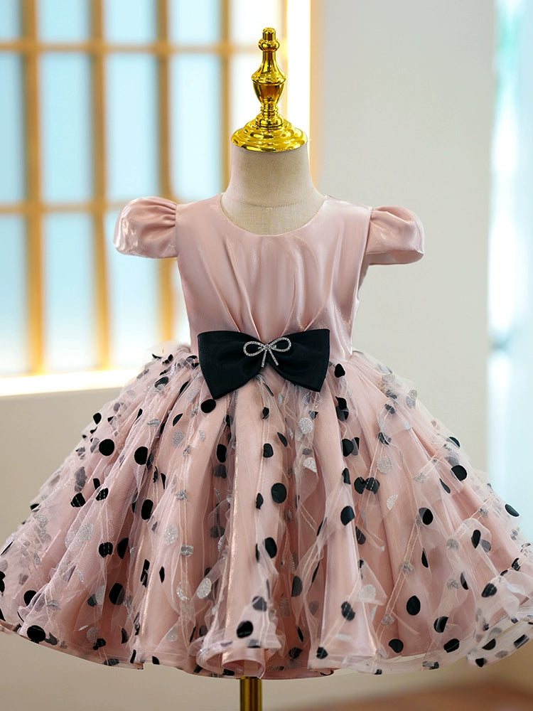 Puffy Pink Organza Ball Gown Flower Girl Dress with Bow for Special Occasions