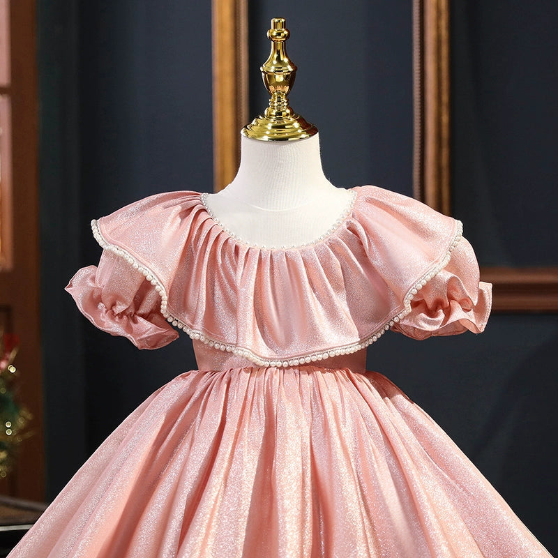 Pink Princess Puffy Ball Gown Flower Girl Dress – Tea Length for 2-12 Years