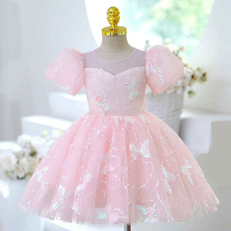 Light Pink Butterfly Princess Party Dress for Girls – Tulle, Sequins & Bowknot