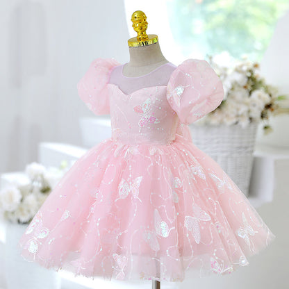 Light Pink Butterfly Princess Party Dress for Girls – Tulle, Sequins & Bowknot