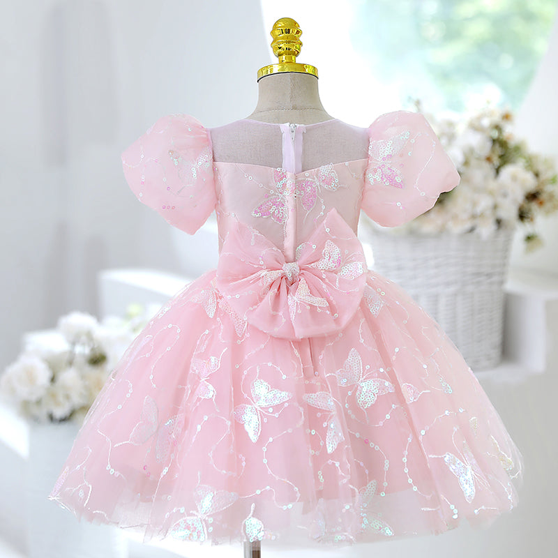 Light Pink Butterfly Princess Party Dress for Girls – Tulle, Sequins & Bowknot