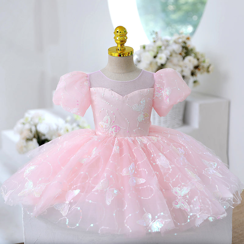 Light Pink Butterfly Princess Party Dress for Girls – Tulle, Sequins & Bowknot