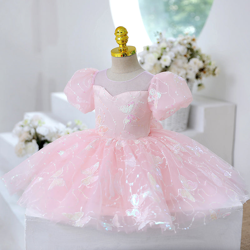 Light Pink Butterfly Princess Party Dress for Girls – Tulle, Sequins & Bowknot