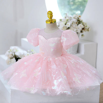 Light Pink Butterfly Princess Party Dress for Girls – Tulle, Sequins & Bowknot