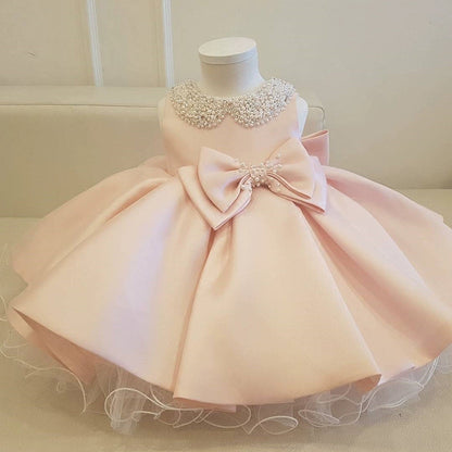 Pink Puffy Princess Satin Flower Girl Dress with Bowknot & Ruffle – Ages 1-8