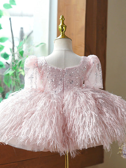 Pink Puffy Ball Gown Dress for Girls with Sequins and Fringe | Princess Flower Girl Outfit