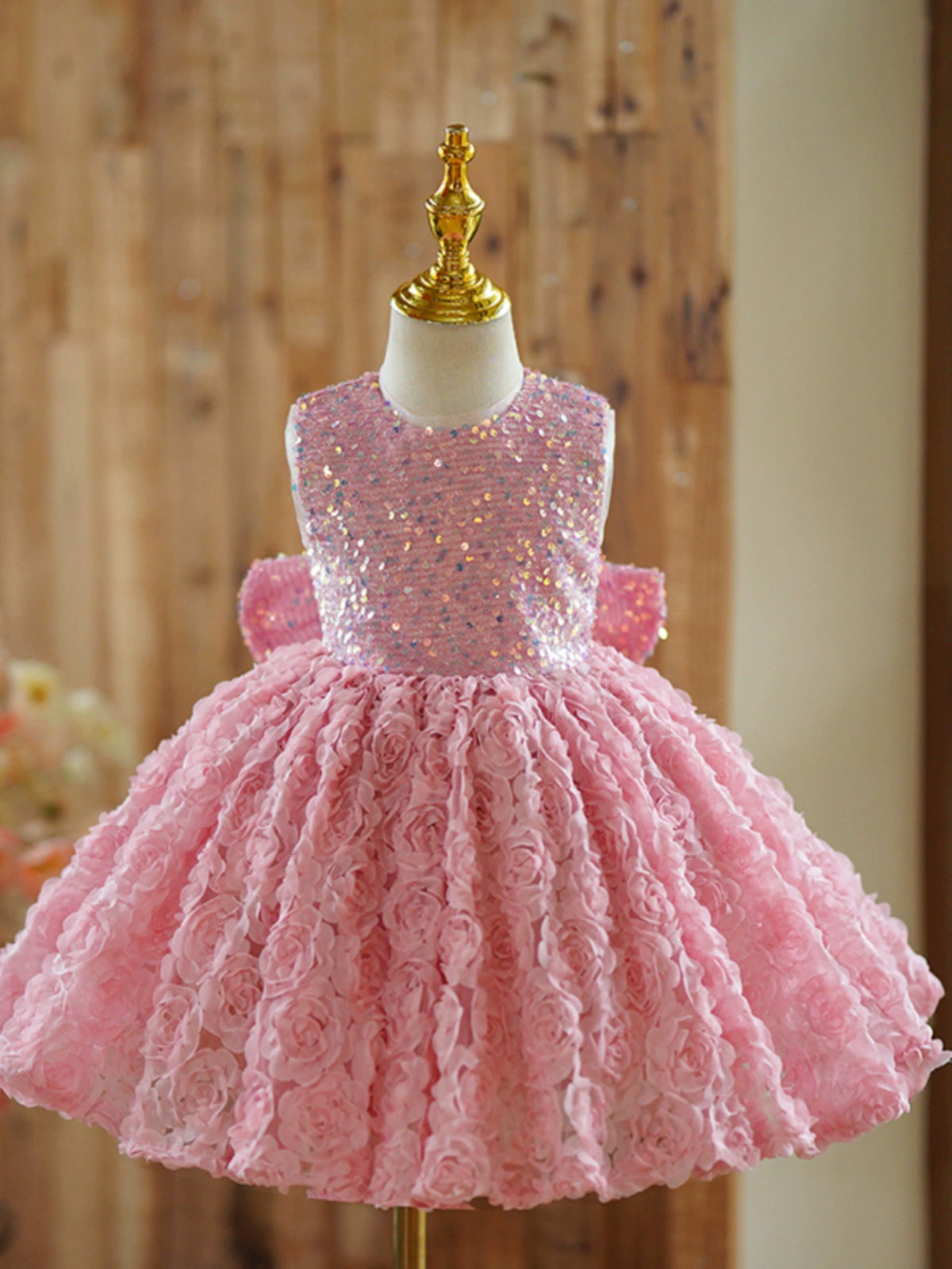 Pink Puffy Ball Gown Flower Girl Dress with Sequins, Bows & Flowers FleurKids Pink Puffy Ball Gown Flower Girl Dress with Sequins, Bows & Flowers FleurKids