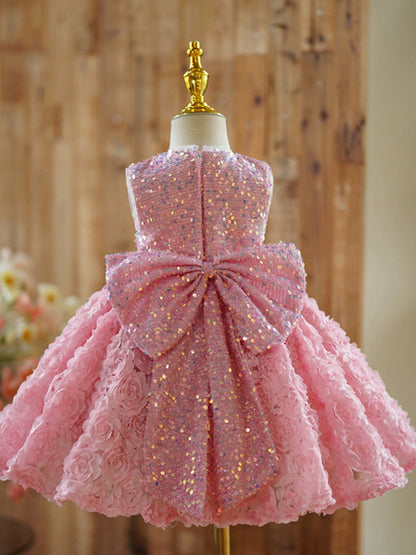 Pink Puffy Ball Gown Flower Girl Dress with Sequins, Bows & Flowers