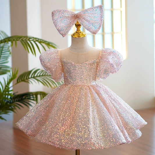 Pink Sequin Puffy Ball Gown Kids Dress – Knee Length Flower Girl Party Dress