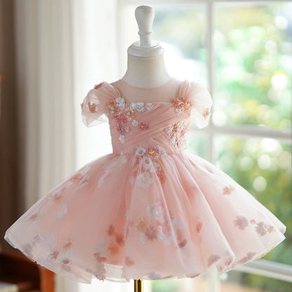Pink Puffy Tulle Dress for Girls | Sequins, Illusion Neckline & Ball Gown Design