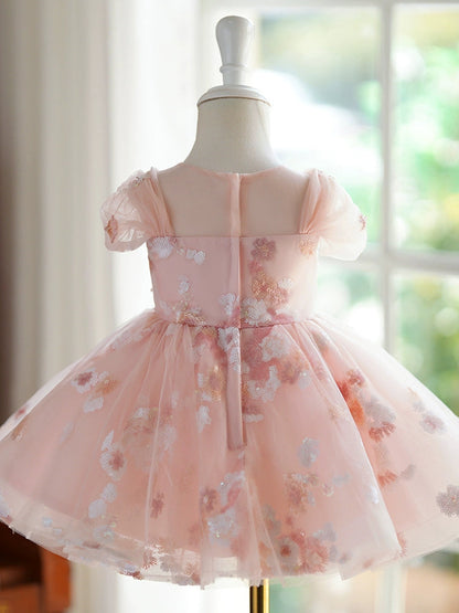 Pink Puffy Tulle Dress for Girls | Sequins, Illusion Neckline & Ball Gown Design