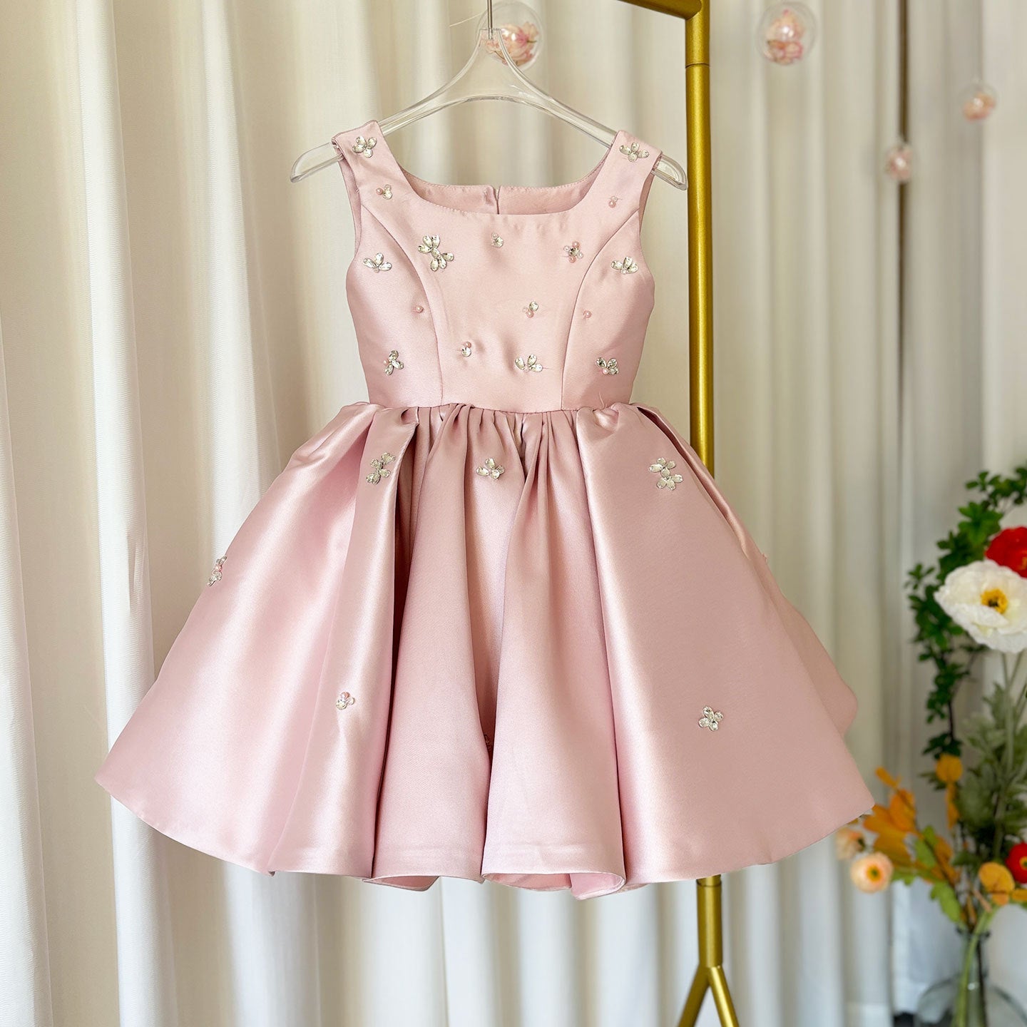 Cute Pink Girls Satin A-Line Dress with Sequins & Ruffles | Party, Wedding & Birthday