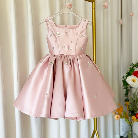 Cute Pink Girls Satin A-Line Dress with Sequins & Ruffles | Party, Wedding & Birthday