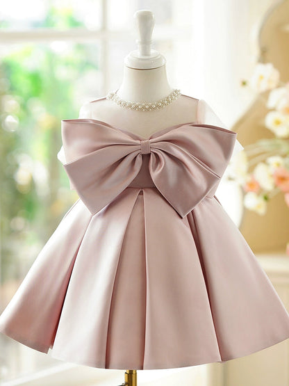Pink Princess Satin Flower Girl Dress with Bowknot & Sequins – A-Line Kids Party Dress