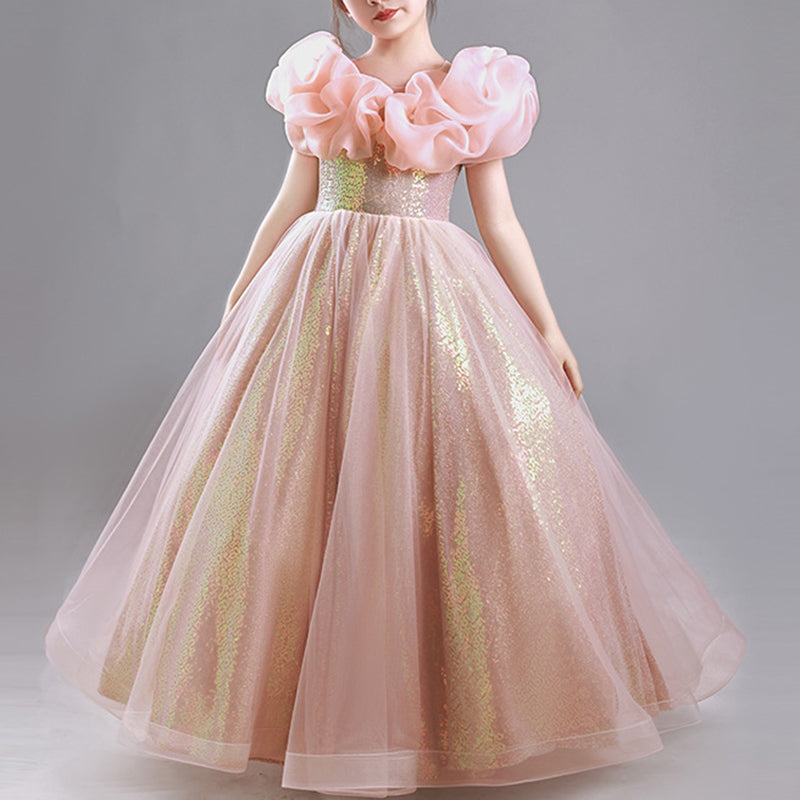 Pink Sequin Maxi Princess Dress for Girls – Elegant Floor Length Birthday & Flower Girl Gown