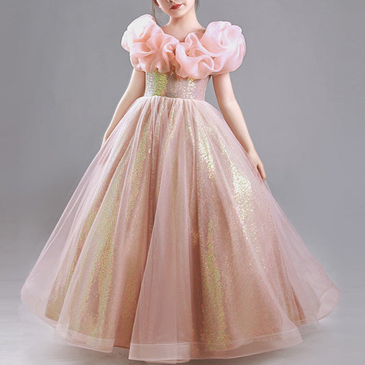 Pink Sequin Maxi Princess Dress for Girls – Elegant Floor Length Birthday & Flower Girl Gown