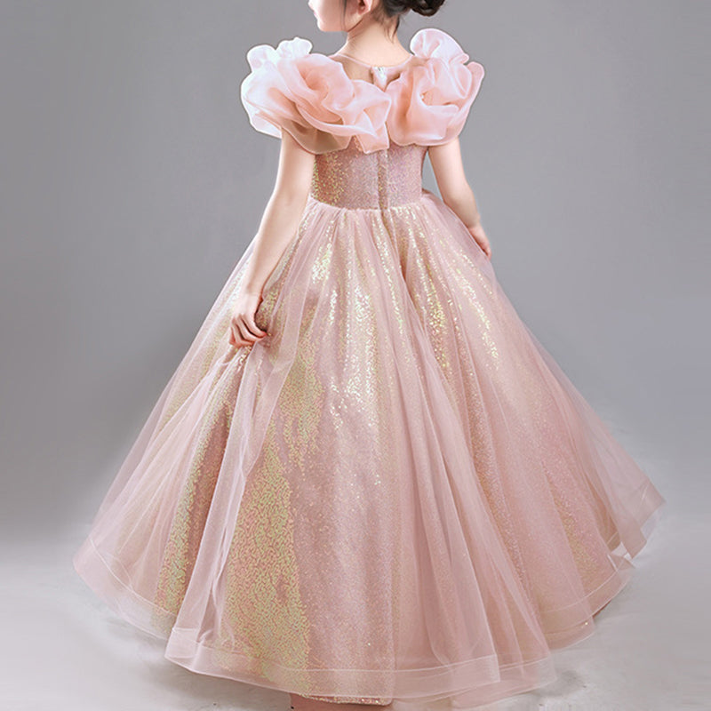 Pink Sequin Maxi Princess Dress for Girls – Elegant Floor Length Birthday & Flower Girl Gown