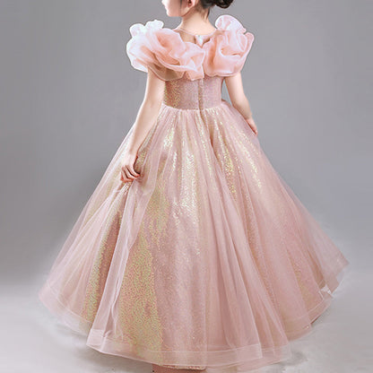Pink Sequin Maxi Princess Dress for Girls – Elegant Floor Length Birthday & Flower Girl Gown