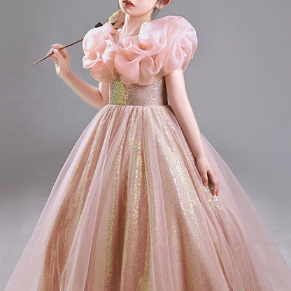 Pink Sequin Maxi Princess Dress for Girls – Elegant Floor Length Birthday & Flower Girl Gown