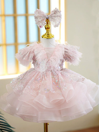 Pink Sequin Puffy Flower Girl Dress - Tea Length Princess Gown for Kids