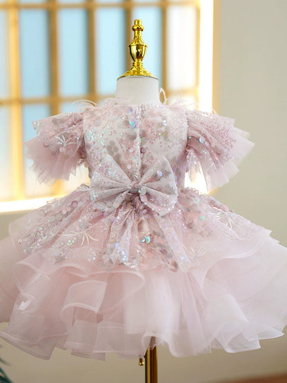 Pink Sequin Puffy Flower Girl Dress - Tea Length Princess Gown for Kids
