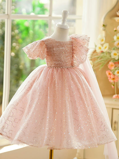 Pink Sequined Back Zip Baptism Sequins Tea Length Short Sleeve Cap Sleeve Scoop Flower Girl Dress