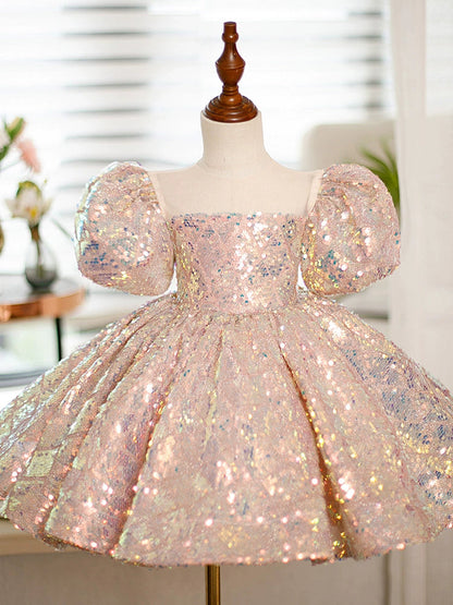 Pink Sequin Flower Girl Dress – Sweetheart Neck Ball Gown for Parties & Weddings
