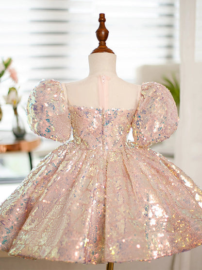 Pink Sequin Flower Girl Dress – Sweetheart Neck Ball Gown for Parties & Weddings