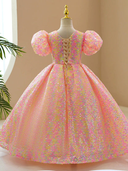Pink Puffy Sequin Flower Girl Dress – Ball Gown Princess Maxi for Parties & Weddings