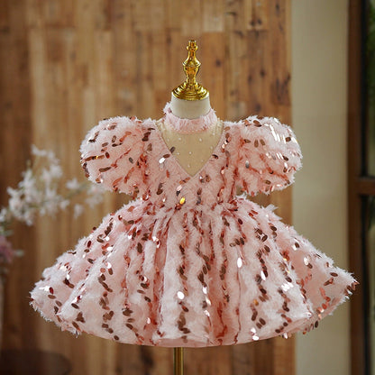 Pink Puffy Sequin Ball Gown for Girls – Princess Fairy Style
