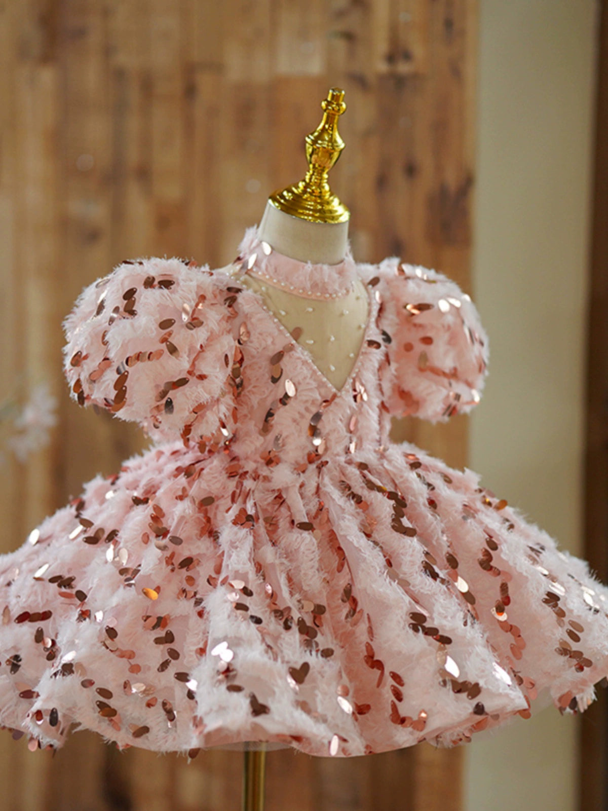 pink puffy sparkly dress Sparkly Pink Birthday Party Dress with Puffy Sleeves and Sequins D180 Pink / child-2
