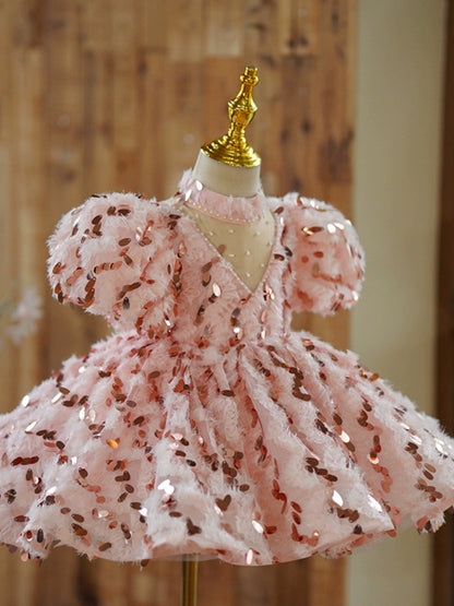 Pink Puffy Sequin Ball Gown for Girls – Princess Fairy Style