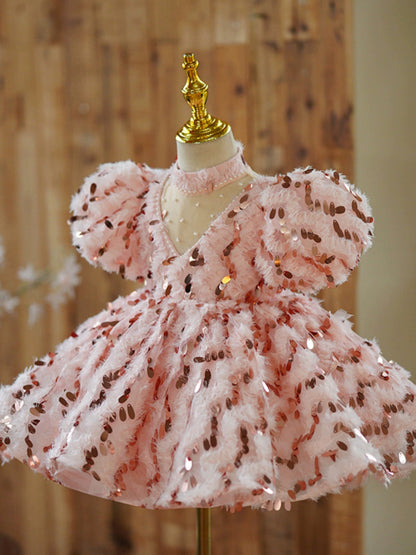 Pink Puffy Sequin Ball Gown for Girls – Princess Fairy Style