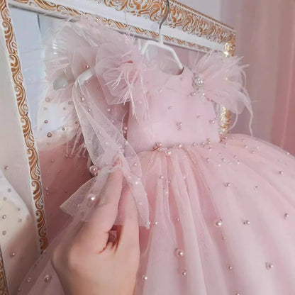Pink Princess Tulle Dress for Girls – Sequin & Beaded A-Line Party Outfit