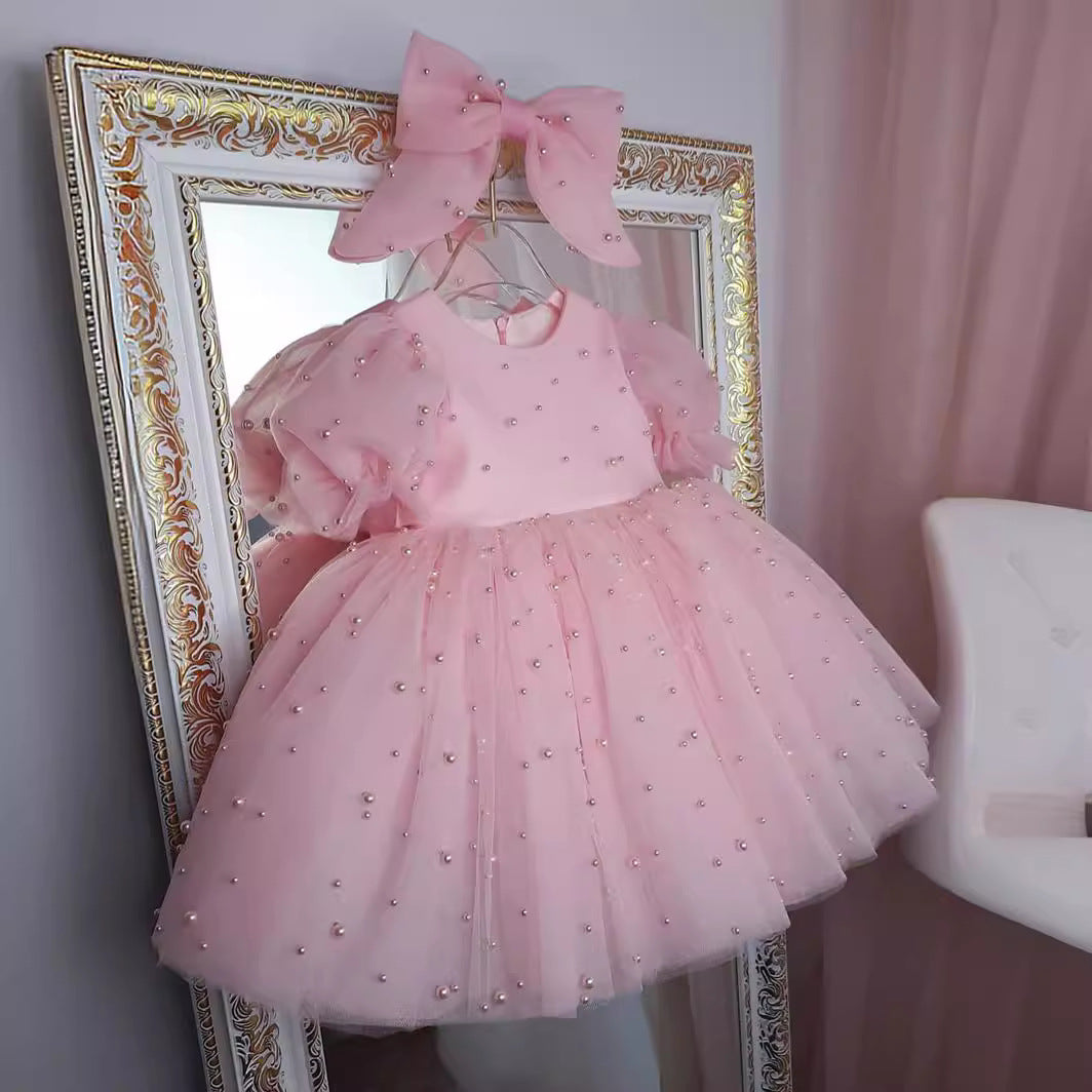 Pink Polka Dot Tulle Princess Dress for Girls – Sparkly Bows & Sequins