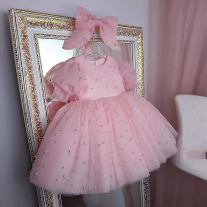 Pink Polka Dot Tulle Princess Dress for Girls – Sparkly Bows & Sequins